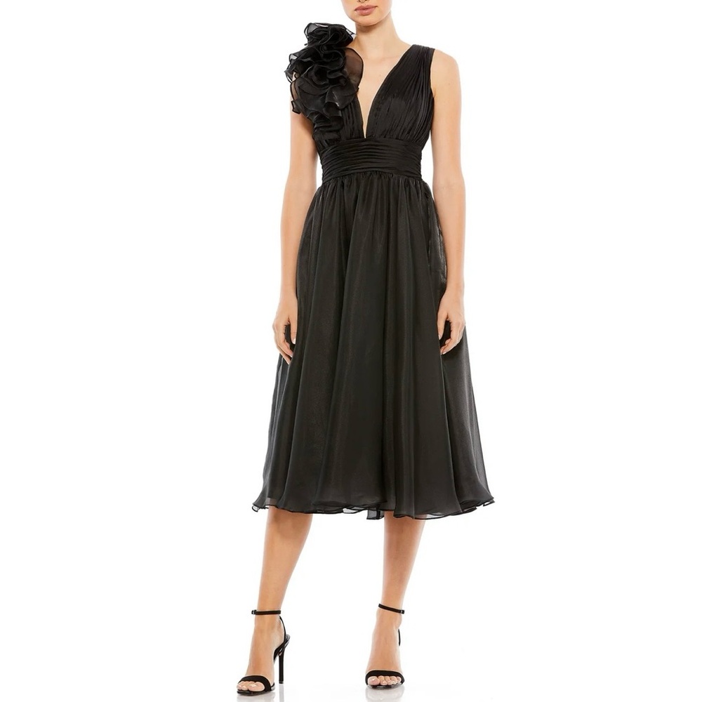 Mac Duggal Black One-Shoulder Floral Applique Midi Dress size 0 color navy